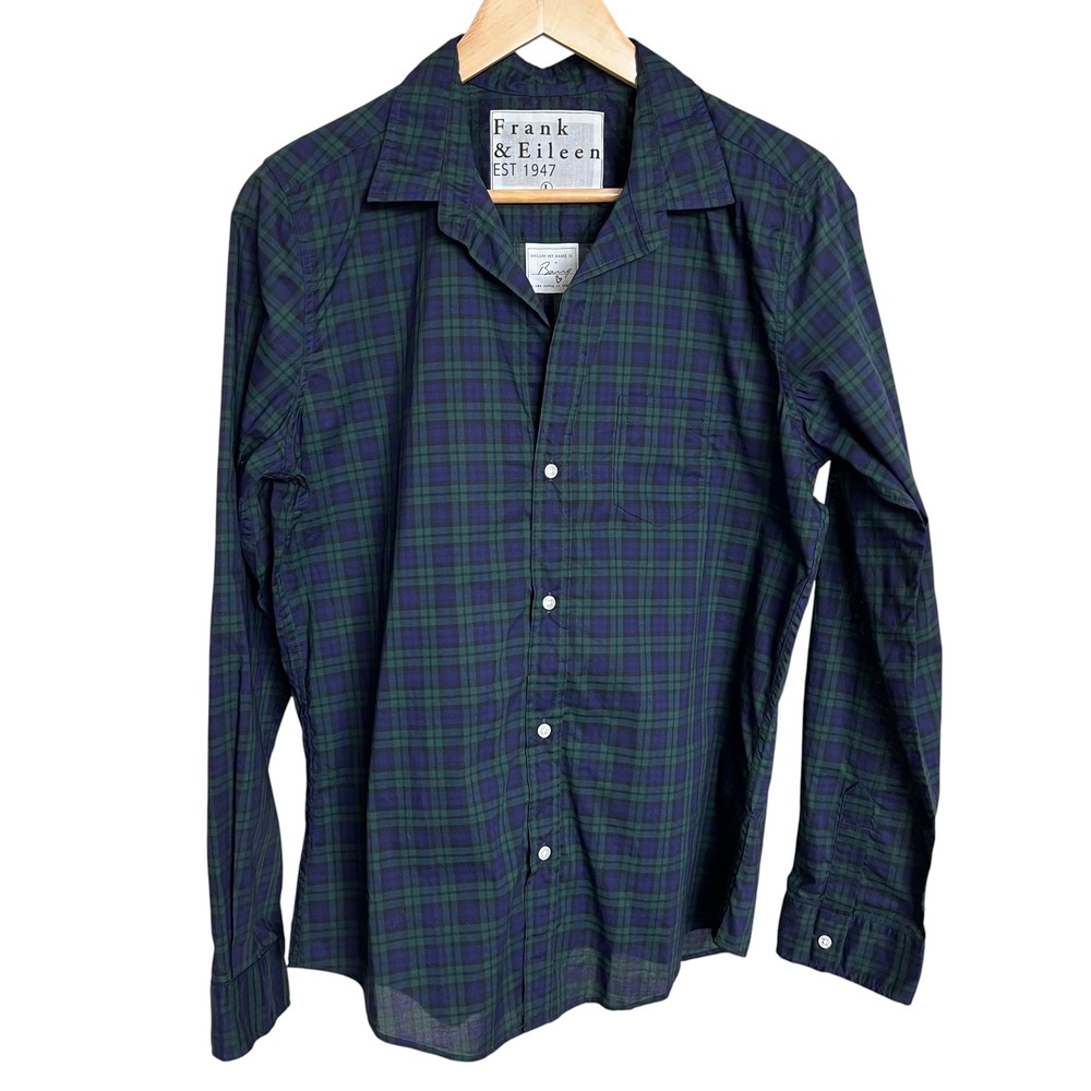 Frank & Eileen Barry 100% Cotton Button Up Shirt Navy Blue Green‎ Plaid SZ L